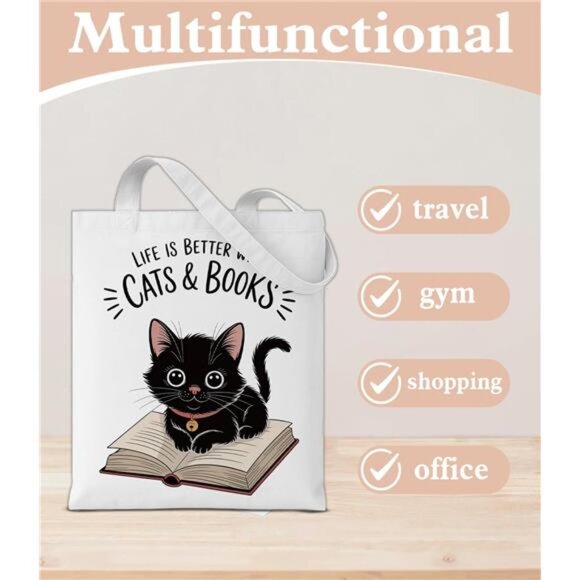 Cute Cat Canvas Tote Bag Aesthetic Reusable Shoulder Bag for Cat Lovers - Picture 5 of 5